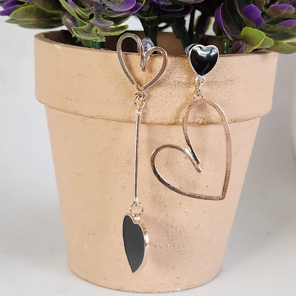 Asymmetrical Heart Drop Earrings Rose Gold Black Enamel Mismatched 2.25"
